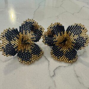 Blue and Gold Beaded Flower Earrings